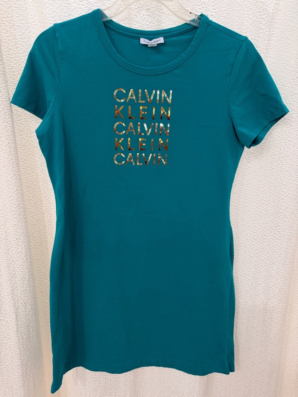 Calvin Klein Teal Short Sleeve Logo Tee Dress with Gold Foil